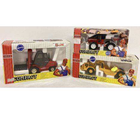 3 boxed diecast Compact construction vehicles by Joal.  A 1:25 scale Manitou Elevator, a 1:70 scale Caterpillar 631 D Wheeled