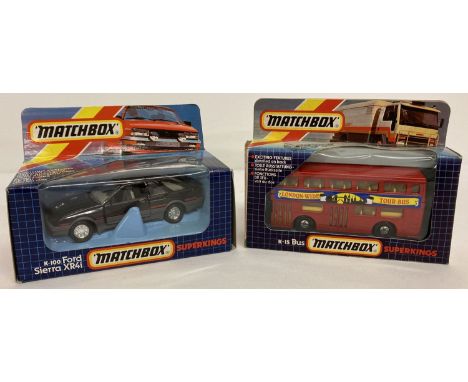 2 boxed Matchbox Superkings vehicles.  K-100 Ford Sierra XR4i.  Together with K-15 Double Decker Bus. 