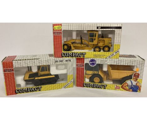 3 boxed diecast Compact construction vehicles by Joal.  A 1:50 scale Tractor Cat Challenger 65, a 1:50 scale Cat 12G Leveller