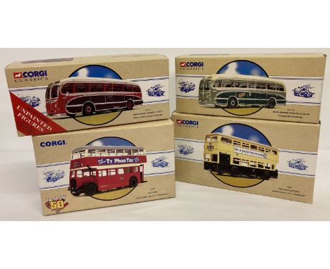 4 boxed diecast Corgi Classic buses from the Public Transport collection.  #97342 Burlingham Seagull Coach in red with set of