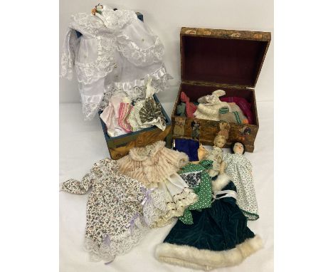 2 boxes of vintage and modern dolls clothing with 2 small cloth body dolls.  Clothing for varying sizes of doll, to include h