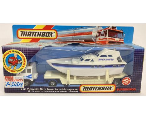 A boxed Matchbox Superkings K-129 Mercedes Benz Power Launch Transporter.  In original Packaging. 