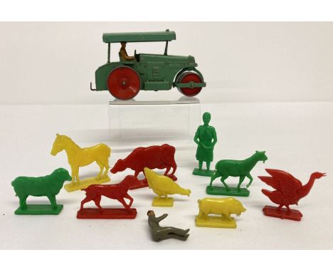 A Dinky Toys Meccano Aveling-Barford road roller with green canopy, in very good playworn condition.  Together with a collect
