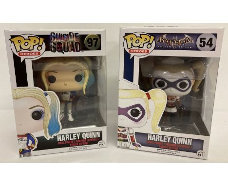 2 boxed Funko Pop! Heroes Vinyl figures of Harley Quinn.  #54 from Batman Arkham Asylum together with #97 from Suicide Squad.