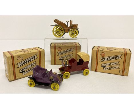 3 boxed 1950's Charben "Old Timers" series boxed vehicles, in excellent condition.  No 6 De Dion Bouton in purple with painte