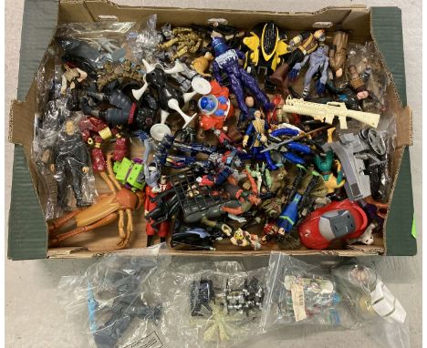 A box of assorted action figures, vehicles and weapons.  To include Prime Evil TV series, Ben 10, Pirates Of The Caribbean, X