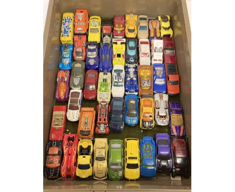 A tray of 45 assorted 1:72 scale diecast vehicles, mostly Hot Wheels.  To include: Surf Bus, hot rods &amp; futuristic design