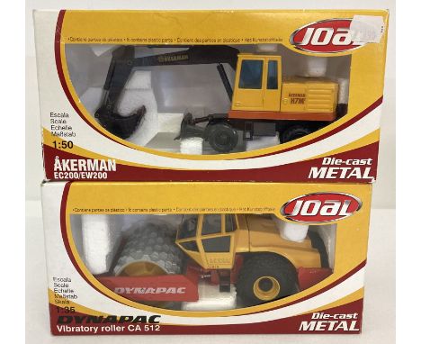 2 boxed diecast construction vehicles by Joal.  1:50 scale Akerman EC200/EW200 Excavator and a 1:35 scale Dynapac CA15 Vibrat