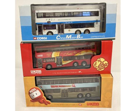 3 boxed 1:76 scale Chinese diecast buses by Corgi.  Limited edition China Motor Bus, Year Of The Snake KMB bus and gold doubl