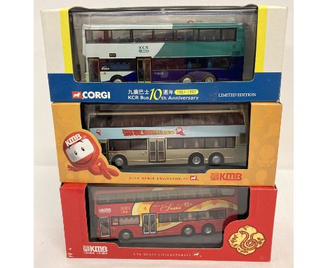 3 boxed 1:76 scale Chinese diecast buses by Corgi.  Limited edition 10th Anniversary KCR bus, Year Of The Snake KMB bus and a