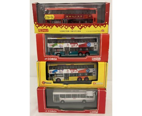 4 boxed 1:76 scale Chinese diecast buses by Corgi. Limited 50th Anniversary KMB bus, 2 x KMB Citybuses and a single decker wh