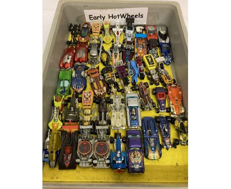 A tray of 45 Hot Wheels 1:72 scale diecast vehicles.  To include: helicopter, motorcycles, hot-rods and futuristic designs. A