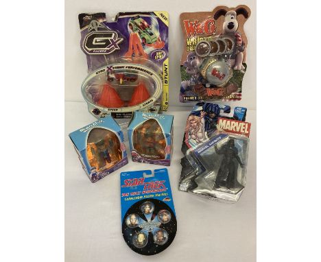 A box of assorted vintage toys in original boxes and blister packaging.  Comprising: 1993 Star Trek The Next Generation colle