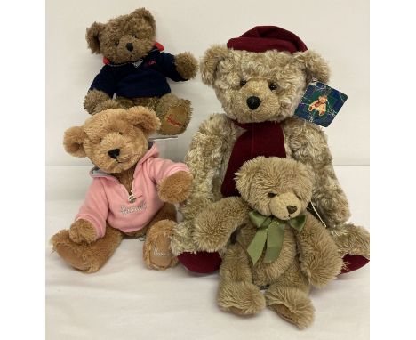 4 "Harrods" teddy bears; Christmas 1999 large bear with hat and scarf.  Together with a dark brown bear with blue fleece jump