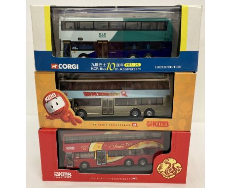 3 boxed 1:76 scale Chinese diecast buses by Corgi. Limited edition 10th Anniversary bus, gold KMB double decker bus and a 200