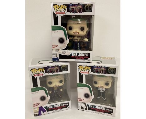 3 boxed Suicide Squad Funko Pop! Heroes Vinyl figures of The Joker.  Comprising: #96, #104 Boxer and #109 Tuxedo. 