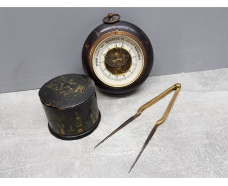 19th century sailors tobacco box together with vintage brass navigation dividers and portable barometer