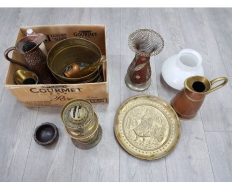 Copper and brass jugs, coalbox, oil lamp etc.