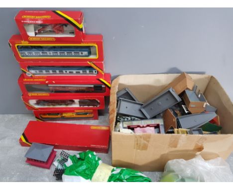 Box containing model train set scenery and boxed Hornby train engine and carriages