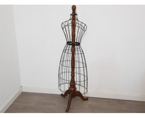 Large metal dress makers mannequin on wooden pedestal stand, height 60"