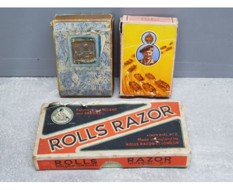 WW2 Monty desert campaign playing cards, Royal scot Greys card and WW2 rolls razor all in original boxes