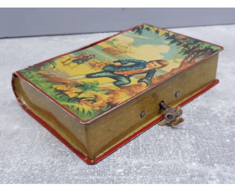 1950s Chad Valley Tin plate Treasure Island money box with original key and containing mixed coinage