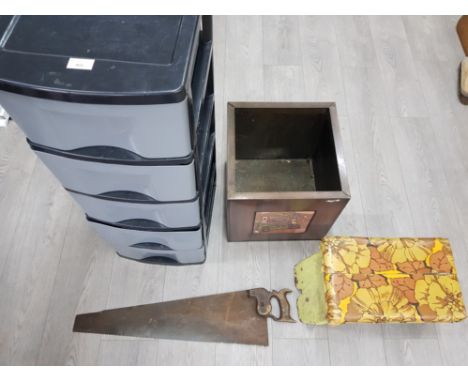 Set of plastic drawers, coal box with studio pottery tile decoration, a painted cracket stool and a hand saw.