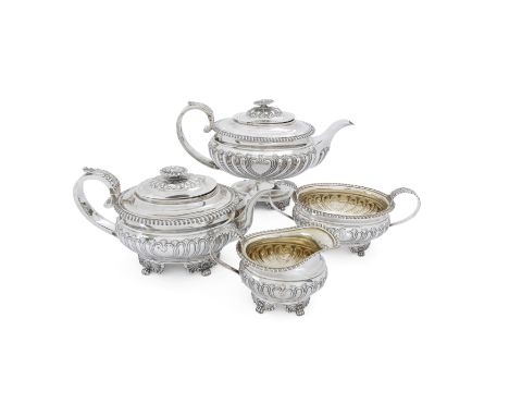 A Regency four piece silver tea set Solomon Royes London, 1819 and 1820Of half-lobed, oval form, the coffee pot raised on an 