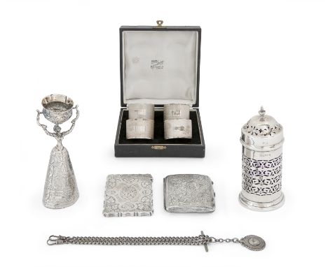 A group of silver including napkin rings and a wager cupThe group comprising: a cased set of silver napkin rings, Birmingham,