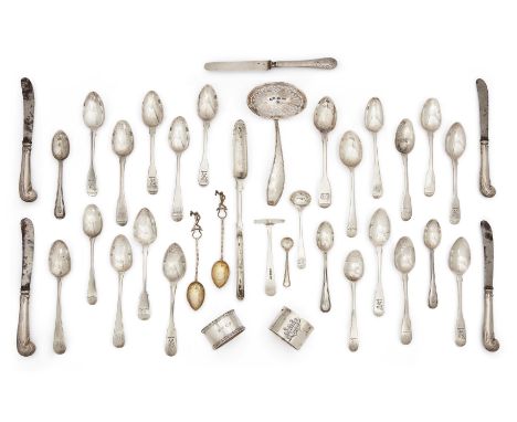 A quantity of silver flatware and oddments Various dates and makersThe group comprising: a George III silver marrow scoop, Lo