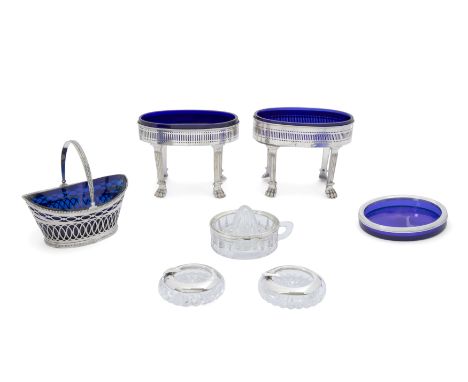 A group of silver and silver plate mounted glasswareThe group comprising: a Dutch blue glass-lined sugar basket, 833 standard