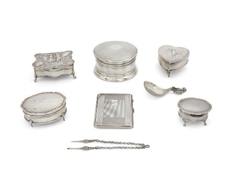 A group of silver jewellery boxes and oddments Various dates and makers The group comprising: a circular jewellery box with e