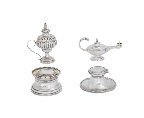 A group of silver to include an Asprey & Co. Aladdin lampBirmingham, 1929Together with: a capstan inkwell, complete with glas
