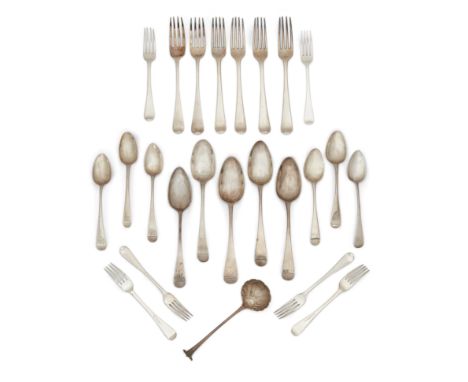 A group of Old English pattern silver flatwareVarious dates and makersThe group comprising: 4 table forks, London, 1781, Will