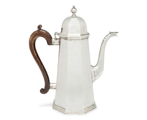 An Elizabeth II silver coffee potWakely & WheelerSheffield, 1977The tapering octagonal body to a scrolling wooden handle, the