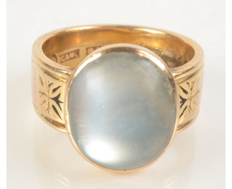 An 18ct gold mourning ring set a moonstone, Edinburgh 1872, possibly by George & Michael Crichton, size Q. Condition report: 