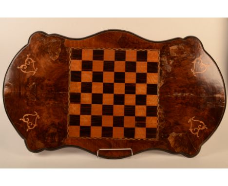 A burr walnut centre table top with inlaid chess board, 93 x 53cm. 