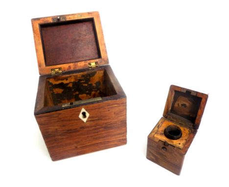 A mahogany square tea caddy, early 19th century, height 11cm, width 11.4cm, depth 9.5cm and an Jerusalem olive wood travellin