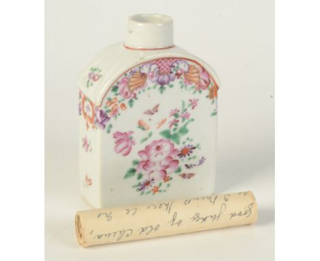 A Chinese famille rose porcelain tea caddy, 18th century, height 11.2cm, width 8cm, depth 4cm. Provenance: together with a le