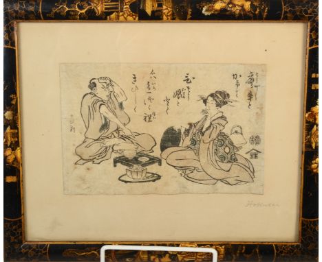 A Japanese print, signed in pencil Hokusai, in black lacquered frame, 11 x 17cm. 