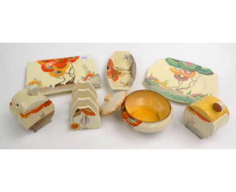 A selection of Clarice Cliff pottery in the 'Rhodanthe' pattern, comprising of two plates, a side dish, a bowl, two preserve 