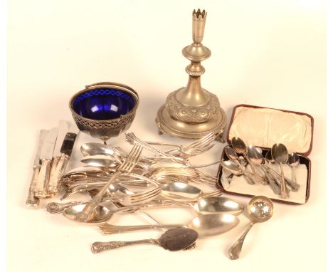 A suite of Albany pattern cutlery a little other cutlery, the base of an epergne and a sugar bowl.