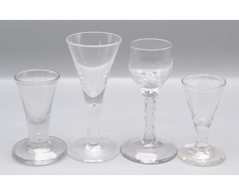 Three ale glasses, 19th century, height of tallest 14.2cm and another glass, height 13.7cm.  Condition report: Good, one item
