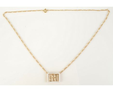 A 9ct gold enamel and pearl set choker slide with the initial 'M' on gold chain as a necklace, 4.4g.