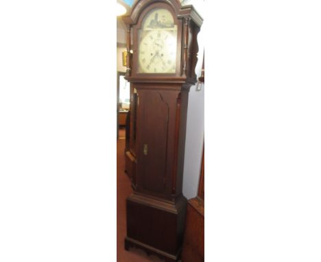 An eight day mahogany longcase clock, 19th century, the white painted arched dial with subsidiary seconds dial, signed Henry 