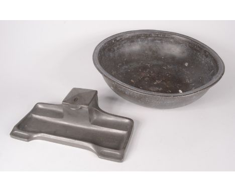 A circular pewter bowl, height 8cm, diameter 30cm and a pewter inkstand with ceramic liner, height 5.5cm, width 21.6cm, depth