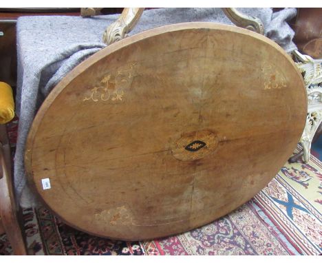 A Victorian walnut breakfast table, the inlaid oval top on four turned columns flanking a central finial on acanthus leaf car