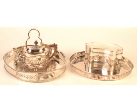 A silver plate on copper lobed biscuit box, together with a bachelor's three piece tea service with stand and two trays.