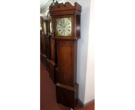 A George III oak and mahogany eight day longcase clock, the square brass dial with silvered chapter ring and subsidiary dials