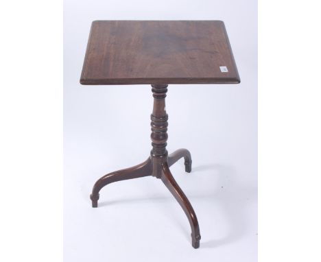 A George III mahogany tilt top tripod table, the square moulded top on a turned stem and downswept supports, height 73cm, wid